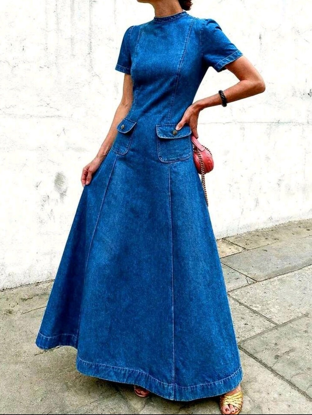 Maxi Denim Dress with Structured Pockets - Blue - Picture 3 of 3